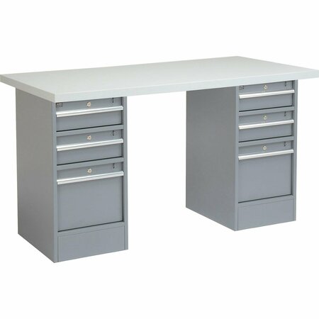 GLOBAL INDUSTRIAL 72 x 24 Pedestal Workbench Double 3 Drawers, Laminate Square Edge Gray 253783